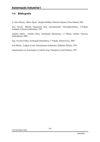 Automação Industrial I

VII. Bibliografia


A. Silva Pereira . Mário Águas . Rogério Baldaia, Sistemas Digitais, Porto Editora, 2001

José Novais, Método Sequencial Para Automatização Electropneumática, 3.ªEdição,
Fundação Calouste Gulbenkian, 1997

Adriano Santos . António Silva, Automação Pneumática, 1.ª Edição, Edições Técnicas,
Publindústria, 2002

Eng. Arivelto Fialho, Automação Pneumática, 1.ª Edição, Editora Érica, 2003

José Matias . Ludgero Leote, Automatismos Industriais, Didáctica Editora, 1993

Apontamentos de Automação e Controlo, Eng.ª Industrial, Castelo Branco, 1997




                                            - 54 -
Toni dos Santos Alves

                                                                                 2004/2005
 