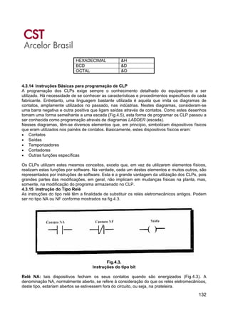 132
HEXADECIMAL &H
BCD &D
OCTAL &O
4.3.14 Instruções Básicas para programação de CLP
A programação dos CLPs exige sempre o conhecimento detalhado do equipamento a ser
utilizado. Há necessidade de se conhecer as características e procedimentos específicos de cada
fabricante. Entretanto, uma linguagem bastante utilizada é aquela que imita os diagramas de
contatos, amplamente utilizados no passado, nas indústrias. Nestes diagramas, consideram-se
uma barra negativa e outra positiva que ligam saídas através de contatos. Como estes desenhos
tomam uma forma semelhante a uma escada (Fig.4.5), esta forma de programar os CLP passou a
ser conhecida como programação através de diagramas LADDER (escada).
Nesses diagramas, têm-se diversos elementos que, em princípio, simbolizam dispositivos físicos
que eram utilizados nos painéis de contatos. Basicamente, estes dispositivos físicos eram:
• Contatos
• Saídas
• Temporizadores
• Contadores
• Outras funções específicas
Os CLPs utilizam estes mesmos conceitos, exceto que, em vez de utilizarem elementos físicos,
realizam estas funções por software. Na verdade, cada um destes elementos e muitos outros, são
representados por instruções de software. Esta é a grande vantagem da utilização dos CLPs, pois
grandes partes das modificações, em geral, não implicam em mudanças físicas na planta, mas,
somente, na modificação do programa armazenado no CLP.
4.3.15 Instrução do Tipo Relé
As instruções do tipo relé têm a finalidade de substituir os relés eletromecânicos antigos. Podem
ser no tipo NA ou NF conforme mostrados na fig.4.3.
Fig.4.3.
Instruções do tipo bit
Relé NA: tais dispositivos fecham os seus contatos quando são energizados (Fig.4.3). A
denominação NA, normalmente aberto, se refere à consideração do que os relés eletromecânicos,
deste tipo, estariam abertos se estivessem fora do circuito, ou seja, na prateleira.
 