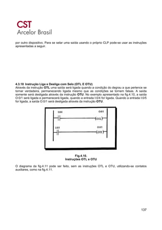 137
por outro dispositivo. Para se selar uma saída usando o próprio CLP pode-se usar as instruções
apresentadas a seguir.
4.3.18 Instrução Liga e Desliga com Selo (OTL E OTU)
Através da instrução OTL uma saída será ligada quando a condição do degrau a que pertence se
tornar verdadeira, permanecendo ligada mesmo que as condições se tornem falsas. A saída
somente será desligada através da instrução OTU. No exemplo apresentado na fig.4.10, a saída
O:0/1 será ligada e permanecerá ligada, quando a entrada I:0/4 for ligada. Quando a entrada I:0/5
for ligada, a saída O:0/1 será desligada através da instrução OTU.
Fig.4.10.
Instruções OTL e OTU
O diagrama da fig.4.11 pode ser feito, sem as instruções OTL e OTU, utilizando-se contatos
auxiliares, como na fig.4.11.
 