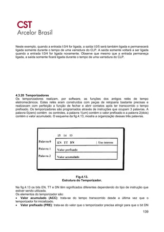 139
Neste exemplo, quando a entrada I:0/4 for ligada, a saída I:0/5 será também ligada e permanecerá
ligada somente durante o tempo de uma varredura do CLP. A saída somente voltará a ser ligada
quando a entrada I:0/4 for ligada novamente. Observe que mesmo que a entrada permaneça
ligada, a saída somente ficará ligada durante o tempo de uma varredura do CLP.
4.3.20 Temporizadores
Os temporizadores realizam, por software, as funções dos antigos relés de tempo
eletromecânicos. Estes relés eram construídos com peças de relojoaria bastante precisas e
realizavam com perfeição a função de fechar e abrir contatos após ter transcorrido o tempo
prefixado. Os temporizadores são programados através de instruções que ocupam 3 palavras. A
palavra 0(zero) contém os controles, a palavra 1(um) contém o valor prefixado e a palavra 2(dois)
contém o valor acumulado. O esquema da fig.4.13, mostra a organização dessas três palavras.
Fig.4.13.
Estrutura do Temporizador.
Na fig.4.13 os bits EN, TT e DN têm significados diferentes dependendo do tipo de instrução que
estiver sendo utilizada.
Os elementos do temporizador são:
• Valor acumulado (ACC): trata-se do tempo transcorrido desde a última vez que o
temporizador foi inicializado.
• Valor prefixado (PRE): trata-se do valor que o temporizador precisa atingir para que o bit DN
 