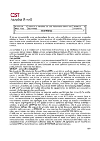 169
CAMADA 1
Meio físico
Codifica e transfere os bits fisicamente entre nós
adjacentes
CAMADA 1
Meio físico
<----------------------------------------MEIO FÍSICO-------------------------------------------------->
O link de comunicação entre os dispositivos de uma rede é definido em termos dos protocolos
elétricos e físicos e dos padrões para os usuários. O modelo OSI define todos os aspectos de
comunicação entre usuários através de uma estrutura em 7 níveis mostrada na Tabela 4.13. Cada
camada deve ser autônoma realizando a sua tarefa e transferindo os resultados para a próxima
camada.
As camadas 1, 2 e 3 estabelecem o meio físico de transmissão e as interfaces de baixo nível
necessárias para a troca de dados entre os componentes compatíveis. Os níveis mais elevados (4
a 7) são necessários para permitir a comunicação entre dispositivos similares usando aplicações
de software específicas.
Padrão IEEE
Nos Estados Unidos, foi desenvolvido o projeto denominado IEEE-802, onde se criou um modelo
em camadas semelhante ao modelo ISO/OSI. A maioria dos padrões desenvolvidos pelo IEEE
são usados para se detalhar, de forma completa, as redes definidas com base no modelo OSI,
particularmente nos níveis mais baixos.
GM MAP – um padrão industrial
Na década de 80 a equipe da General Motors (GM), se viu com a tarefa de equipar suas fábricas
com 20 000 sistemas que deveriam se comunicar entre si, até o ano de 1990. Resolveram então
manter o padrão OSI em seis camadas e definiram o padrão MAP (Manufactoring Automation
Protocol). Isto resultou que todos os maiores fabricantes de sistemas de computação e de
automação decidiram também aderir ao padrão MAP para que houvesse compatibilidade. A
especificação foi colocada de graça a qualquer um pelo GM. A especificação criada pela GM foi
denominada GM MAP (Manufactoring Automation Protocol), onde uma LAN podia integrar todos
os níveis de um sistema de controle, incluindo os 20 000 sistemas de microcomputadores citados.
O GM MAP foi adotado por muitos fabricantes de equipamentos de controle que passaram a
produzir interfaces para esta especificação.
A especificação da GM inclui todos os sistemas usados nas fábricas, tais como CLPs, robôs,
máquinas de solda, sistemas de visão etc, não se importando com o fabricante.
O GM MAP usa o sistema token bus, que é definido pela norma IEEE 802-4 na camada física. A
razão para esta escolha foi a exigência de um tempo de acesso determinístico, definido por um
valor máximo aceitável pela operação. Este valor máximo de tempo de acesso é considerado
como aquele exigido para que a rede possa operar nas condições de tráfego intenso, evitando-se
colisões. O protocolo CSMA/CD tem tempo de acesso probabilístico, isto é, para condições
diferentes de tráfego, não se pode ter um valor exato do tempo de acesso podendo-se somente
estimá-lo. Além do mais, o CSMA/CD tem uma resposta teoricamente inferior que sistema de
token sob condições de tráfego intenso, como, por exemplo, a rede IEEE 802.3-Ethernet.
O MAP usa um cabo coaxial de banda larga, em taxa de 10 Mbps, com a largura de faixa dividida
em muitos canais separados com diferentes posições no espectro de freqüência. Dois canais são
usados como caminhos para transmitir e receber dados na rede MAP, sendo que os diversos
outros canais são reservados para outras finalidades tais como comunicação em vídeo e voz. Há
a necessidade de um terminador no final do cabo. Na Tabela 4.14, apresenta-se um resumo das
camadas MAP, juntamente como o padrão ETHERNET, para comparação.
 