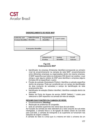 177
ENDEREÇAMENTO DE REDE MAP
Fig.4.32.
Endereçamento MAP
• Identificador da empresa (Enterprise Identifier):corresponde ao primeiro
nível de encaminhamento na camada de rede MAP: encaminhamento
entre diferentes empresas ou organizações dentro da mesma empresa.
O MAP especifica que todos os endereços OSI devem ser aceitos, o que
obriga a usar alguns octetos do DSP para identificar a empresa (alguns
formatos IDI só especificam o país);
• Porção de subrede (Subnetwork Portion): Identifica a subrede específica
dentro da empresa. Pode ser constituído por um campo de identificação
de área (conjunto de subredes) e campo de identificação de rede
propriamente dito;
• Identificador de estação (Station identifier): Identifica a estação dentro da
sub-rede;
• Seletor de Ponto de Acesso de serviço (NSAP Seletor): 1 octeto para
selecionar a SAP especifico na camada de rede da estação.
RESUMO DAS FUNÇÕES DA CAMADA DE REDE:
• Encaminhamento (Routing);
• Resolução de problemas de congestão;
• Isola as camadas superiores dos vários tipos de sub-redes;
As Funções da camada de rede estendem-se a todo conjunto de sub-redes
interligadas; a camada física e a de ligação de dados variam de sub-rede
para sub-rede, a camada de transporte e as superiores só funcionam nas
estações de origem e destino.
A camada de rede é a única que é a mesma em todo o universo de um
 