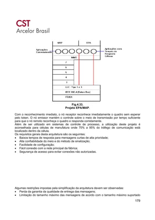 179
Fig.4.33.
Projeto EPA/MAP.
Com o reconhecimento imediato, o nó receptor reconhece imediatamente o quadro sem esperar
pelo token. O nó emissor mantém o controle sobre o meio de transmissão por tempo suficiente
para que o nó remoto reconheça o quadro e responda corretamente.
Além de ser utilizado em sistemas de controle de processo, a utilização deste projeto é
aconselhada para células de manufatura onde 70% a 95% do tráfego de comunicação está
localizado dentro da célula.
Os requisitos gerais desta arquitetura são os seguintes:
• Baixos tempos de resposta para mensagens curtas de alta prioridade;
• Alta confiabilidade do meio e do método de sinalização;
• Facilidade de configuração;
• Fácil conexão com a rede principal da fábrica;
• Segurança de acesso para evitar conexões não autorizadas.
Algumas restrições impostas pela simplificação da arquitetura devem ser observadas:
• Perda da garantia da qualidade de entrega das mensagens;
• Limitação do tamanho máximo das mensagens de acordo com o tamanho máximo suportado
 