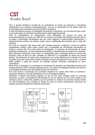 184
Com a grande tendência mundial de se automatizar as linhas de produção e manufatura
intregrando-as em sistemas computadorizados, criou-se a necessidade de se utilizar redes de
comunicação para os sensores de proximidade e atuadores.
A rede AS-Interface propicia a interligação de sensores e atuadores, via uma rede de baixo custo,
e que pode operar no ambiente industrial poluído eletromagneticamente.
Para se compatibilizar os componentes, onze fabricantes de renome do ramo de
sensores/atuadores se uniram em 1990 em um consórcio. O Projeto AS-Interface de antes tornou-
se agora a Associação AS-Interface que tem como objetivos a padronização internacional, o
desenvolvimento contínuo do sistema, assim como a certificação dos produtos para a rede AS-
Interface.
No nível de comando mais baixo esta rede interliga sensores, contatores, chaves de partida,
sinalizadores, botões, entre outros, sendo que a quantidade de informações transmitidas se
limitam a poucos bits. Para esta tarefa de interligação, os sistemas de transmissão de dados
existentes antigamente, ou eram superdimensionados ou simplesmente não podiam ser utilizados.
Eles utilizavam condutores muito caros ou inadequados para a aplicação direta em campo (por
exemplo: cabos de fibra de vidro, blindado ou inflexível) e a quantidade de dados era grande
demais. Os protocolos de dados não comportavam ou a parte eletrônica do comando era muito
complexa para que cada sensor binário pudesse se tornar participante do bus, já que o número
deles poderia e pode ser enorme em grandes plantas industriais automáticas ou semi-
automáticas.
Além disso, a montagem e a colocação em funcionamento deveriam ser efetuadas da forma mais
simples possível e sem formação especial para tal. Os custos de instalação deveriam ser baixos e
a quantidade de dados a ser transmitida deveria ser suficiente.
Por muito tempo a automação dos processos baseia-se no layout onde todos os sensores /
atuadores possuem um fio de interligação com os controladores lógicos.
Utilizando o sistema AS-Interface apenas um par de fios deve interligar todos os sensores
atuadores, ou seja, a concepção da AS-Interface é a de um sistema com um único mestre e com
varredura cíclica. Traduzindo, significa que há somente um módulo de comando (mestre) dentro
da rede AS-Interface que consulta os dados de todos os outros participantes (escravos) em
espaços de tempo exatamente definidos (varredura).
 