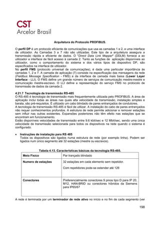 198
Arquitetura do Protocolo PROFIBUS.
O perfil DP é um protocolo eficiente de comunicações que usa as camadas 1 e 2, e uma interface
de utilizador. As Camadas 3 a 7 não são utilizadas. Este tipo de a arquitetura assegura a
transmissão rápida e eficiente de dados. O "Direct Data Link Mapper" (DDLM) fornece a ao
utilizador a interface de fácil acesso à camada 2. Tanto as funções de aplicação disponíveis ao
utilizador, como o comportamento do sistema e dos vários tipos de dispositivo DP, são
especificados na interface de utilizador.
No perfil FMS (protocolo universal de comunicações), é dada uma particular importância às
camadas 1, 2 e 7. A camada de aplicação (7) consiste na especificação das mensagens da rede
(Fieldbus Message Specification - FMS) e da interface de camada mais baixa (Lower Layer
Interface - LLI). O FMS define um grande número de serviços de comunicação mestre-mestre e
comunicação mestre-escravo. O LLI define a representação do serviço FMS no protocolo de
transmissão de dados da camada 2.
4.21.7 Tecnologia de transmissão RS-485
O RS-485 é tecnologia de transmissão mais frequentemente utilizada pelo PROFIBUS. A área de
aplicação inclui todas as áreas nas quais alta velocidade de transmissão, instalação simples e
barata, são pré-requisitos. É utilizado um cabo blindado de pares entrançados de condutores.
A tecnologia de transmissão RS-485 é fácil de utilizar. A instalação do cabo de pares entrançados
não requer conhecimentos profundos. A estrutura de rede permite adicionar e remover estações
sem influir nas outras existentes. Expansões posteriores não têm efeito nas estações que se
encontram em funcionamento.
Estão disponíveis velocidades de transmissão entre 9.6 kbit/sec e 12 Mbit/sec, sendo uma única
velocidade de transmissão selecionada para todos os dispositivos na rede quando o sistema é
configurado.
• Instruções de instalação para RS 485
Todos os dispositivos são ligados numa estrutura de rede (por exemplo linha). Podem ser
ligados num único segmento até 32 estações (mestre ou escravos).
Tabela 4.13. Características básicas da tecnologia RS-485.
Meio Físico Par trançado blindado
Numero de estações 32 estações em cada elemento sem repetidor.
Com repetidores pode-se estender até 126
Conectores Preferencialmente conectores 9 pinos tipo D para IP 20,
M12, HAN-BRID ou conectores híbridos da Siemens
para IP65/67
A rede é terminada por um terminador de rede ativo no início e no fim de cada segmento (ver
 