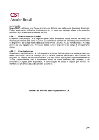 206
comunicação.
No perfil DP é atribuída uma função previamente definida para cada ponto de acesso de serviço.
Podem ainda serem utilizados simultaneamente, por parte das estações ativas e das estações
passivas, alguns pontos de acesso de serviço.
4.21.11 Perfil de comunicação DP
O Perfil de Comunicação DP é projetado para a troca eficiente de dados ao nível de campo. Os
dispositivos centrais (tais como PLC/PCs ou sistemas de controle de processo) comunicam entre
os dispositivos de campo distribuídos (tais como drivers, válvulas, I/O, ou transdutores de medida)
através de uma ligação série. A troca de dados entre os dispositivos de campo é principalmente
cíclica.
4.21.12 Funções básicas
O controlador central (mestre) lê ciclicamente as entradas de informação dos escravos e escreve
neles a informação de saída. O tempo de ciclo da rede deve ser menor que o tempo de ciclo de
programa do sistema de automação central, que para muitas aplicações é aproximadamente de
10 ms. Adicionalmente, para a transmissão cíclica de dados definidos pelo utilizador, o DP
disponibiliza funções para diagnóstico. A comunicação de dados é vigiada por funções de
monitoração em ambas as partes (mestre e escravo).
Tabela 4.16. Resumo das Funções Básicas DP.
 