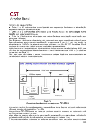 238
números de equipamentos:
• Entre 2 e 32 instrumentos numa ligação sem segurança intrínseca e alimentação
separada da fiação de comunicação;
• Entre 2 a 6 instrumentos alimentados pela mesma fiação de comunicação numa
ligação com segurança intrínseca;
• Entre 1 e 12 instrumentos alimentados pela mesma fiação de comunicação numa ligação sem
segurança intrínseca.
Obs: Esta regra não impede a ligação de mais instrumentos do que o especificado, estes números
foram alcançados levando-se em consideração o consumo de 9 mA +/- 1 mA, com tensão de
alimentação de 24 VDC e barreiras de segurança intrínseca com 11 a 21 VDC de saída e 60 mA
máximos de corrente para os instrumentos localizados na área perigosa.
b) Um barramento carregado com o número máximo de instrumentos na velocidade de 31,25 kb/s
não deve ter entre quaisquer dois equipamentos o comprimento maior que 1.900 m (incluindo as
derivações) (ver Fig.4.74);
Obs.: esta regra não impede o uso de comprimentos maiores desde que sejam respeitadas as
características elétricas dos equipamentos.
Fig.4.74.
Comprimento máximo de um segmento FIELDBUS
c) o número máximo de repetidores para a regeneração da forma de onda entre dois instrumentos
não pode exceder a 4 (quatro) (ver Fig.4.75);
d) um sistema FIELDBUS deve ser capaz de continuar operando enquanto um instrumento está
sendo conectado ou desconectado;
e) as falhas de qualquer elemento de comunicação ou derivação (com exceção de curto-circuito
ou baixa impedância) não deverá prejudicar a comunicação por mais de 1 ms;
f) deve ser respeitada a polaridade em sistemas que utilizem pares trançados, seus condutores
 