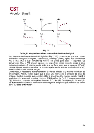 24
Fig.2.11.
Evolução temporal dos sinais num malha de controle digital.
No diagrama do sistema de controle digital da Fig. (2.10), podemos ver que este contém
elementos analógicos e digitais. Deste modo, o relógio (clock) ligado aos conversores
A/D e D/A (D/A e A/D converters) fornece um pulso para cada T segundos. Os
conversores D/A e A/D enviam apenas os respectivos sinais quando chega o sinal
pulsado de relógio. O objetivo desta ação, é o de fazer com que o processo (“Plant”)
receba apenas amostras do sinal de entrada u(k) e envie apenas sinais de saída y(k)
sincronizados com o sinal de relógio.
Deste modo, é necessário manter constante o sinal de entrada u(k) durante o intervalo de
amostragem. Assim, vamos supor que o sinal u(k) representa a amostra do sinal de
entrada. Existem técnicas que permitem obter a amostra u(k) e manter ou reter (hold) o
sinal de modo a produzir um sinal contínuo û(t).O gráfico da Fig.2.12 mostra que o sinal
û(t) é mantido constante para u(k) no intervalo [kT ; (k+1)T]. Esta operação de retenção
de û(t) constante durante o intervalo de amostragem é designada por "retenção de ordem
zero" ou "zero-order hold".
 