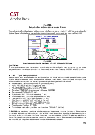 272
Fig.4.108.
Extendendo o sistema com o uso de Bridges
Normalmente são utilizadas as bridges como interfaces entre os níveis H1 e H2 de uma aplicação
(Alta e Baixa velocidade de transmissão, respectivamente), como pode ser visto na Fig.4.108.
Fig.4.109.
Interfaceamento entre os níveis H1 e H2 utilizando Bridges
GATEWAY:
É um equipamento com barramento energizado ou não utilizado para conectar um ou mais
segmentos em outros tipos de protocolo de comunicação como Ethernet, RS232, MODBUS, etc.
4.22.13 Tipos de Equipamentos
Nesta seção são apresentados os equipamentos da linha 302 da SMAR desenvolvidos para
operar especificamente como instrumentos fieldbus. Para tanto, optou-se pela utilização dos
manuais técnicos de cada um dos equipamentos que são apresentados abaixo.
• Interface FIELDBUS controladora de processos (PCI)
• Fonte FIELDBUS de alimentação (PS 302)
• Filtro FIELDBUS para Barramento (PSI 302)
• Barreiras FIELDBUS de segurança intrínseca (SB 302)
• Terminador FIELDBUS (BT 302)
• Transmissor FIELDBUS de pressão (LD 302)
• Transmissor FIELDBUS de temperatura (TT 302)
• Conversor de FIELDBUS para corrente (FI 302)
• Conversor de corrente para FIELDBUS (IF 302)
• Conversor pneumático para FIELDBUS (FP 302)
• Posicionador Fieldbus (FY 302)
• Controlador Lógico Programável com interface FIELDBUS (LC700)
O DFI302 é o elemento chave de interface em um sistema de controle de campo. Ele combina
poderosos recursos de comunicação, com acesso direto a entradas e saídas e controle avançado
para aplicações contínuas e discretas. Com seu conceito modular, o DFI302 pode ser localizado
dentro de painéis na sala de controle, ou caixas seladas no campo. Altamente expansível ele pode
ser utilizado em pequenos sistemas ou plantas altamente complexos.
 