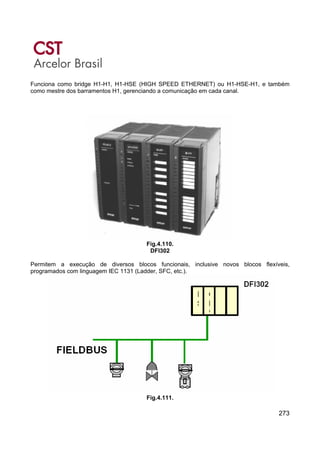 273
Funciona como bridge H1-H1, H1-HSE (HIGH SPEED ETHERNET) ou H1-HSE-H1, e também
como mestre dos barramentos H1, gerenciando a comunicação em cada canal.
Fig.4.110.
DFI302
Permitem a execução de diversos blocos funcionais, inclusive novos blocos flexíveis,
programados com linguagem IEC 1131 (Ladder, SFC, etc.).
Fig.4.111.
 