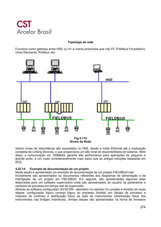 274
Topologia de rede
Funciona como gateway entre HSE ou H1 e outros protocolos que não FF (Fieldbus Foundation),
como Devicenet, Profibus, etc.
Fig.4.112
Níveis da Rede
Vários níveis de redundância são suportados no HSE, desde a mídia Ethernet até a duplicação
completa de Linking Devices, o que proporciona um alto nível de disponibilidade do sistema. Além
disso, a comunicação em 100Mbit/s garante alta performance para aplicações de pequeno e
grande porte, a um custo consideravelmente mais baixo que as antigas soluções baseadas em
DCS.
4.22.14 Exemplo de documentação de um projeto
Nesta seção é apresentado um exemplo de documentação de um projeto FIELDBUS real.
Inicialmente são apresentados os documentos referentes aos diagramas de alimentação e de
interligação de um projeto em FIELDBUS. Em seguida, são apresentadas algumas telas
elaboradas para um software supervisório onde são apresentados ao usuário os parâmetros e
variáveis do processo em tempo real de supervisão.
Através do software configurador (SYSCON - abordado no capítulo 3) o projeto é dividido em duas
etapas: configuração lógica (arranjo lógico do processo dividido em células de processo e
módulos de controle) e distribuição física da rede de instrumentos (distribuição física dos
instrumentos nas bridges /interfaces). Ambas etapas são apresentadas na forma de browsers
 