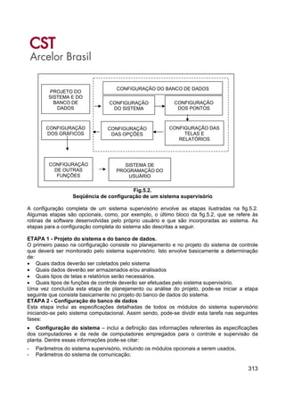 313
Fig.5.2.
Seqüência de configuração de um sistema supervisório
A configuração completa de um sistema supervisório envolve as etapas ilustradas na fig.5.2.
Algumas etapas são opcionais, como, por exemplo, o último bloco da fig.5.2, que se refere às
rotinas de software desenvolvidas pelo próprio usuário e que são incorporadas ao sistema. As
etapas para a configuração completa do sistema são descritas a seguir.
ETAPA 1 - Projeto do sistema e do banco de dados.
O primeiro passo na configuração consiste no planejamento e no projeto do sistema de controle
que deverá ser monitorado pelo sistema supervisório. Isto envolve basicamente a determinação
de:
• Quais dados deverão ser coletados pelo sistema
• Quais dados deverão ser armazenados e/ou analisados
• Quais tipos de telas e relatórios serão necessários.
• Quais tipos de funções de controle deverão ser efetuadas pelo sistema supervisório.
Uma vez concluída esta etapa de planejamento ou análise do projeto, pode-se iniciar a etapa
seguinte que consiste basicamente no projeto do banco de dados do sistema.
ETAPA 2 - Configuração do banco de dados
Esta etapa inclui as especificações detalhadas de todos os módulos do sistema supervisório
iniciando-se pelo sistema computacional. Assim sendo, pode-se dividir esta tarefa nas seguintes
fases:
• Configuração do sistema – inclui a definição das informações referentes às especificações
dos computadores e da rede de computadores empregados para o controle e supervisão da
planta. Dentre essas informações pode-se citar:
- Parâmetros do sistema supervisório, incluindo os módulos opcionais a serem usados,
- Parâmetros do sistema de comunicação,
PROJETO DO
SISTEMA E DO
BANCO DE
DADOS
CONFIGURAÇÃO
DO SISTEMA
CONFIGURAÇÃO
DOS PONTOS
CONFIGURAÇÃO
DOS GRÁFICOS
CONFIGURAÇÃO
DAS OPÇÕES
CONFIGURAÇÃO DAS
TELAS E
RELATÓRIOS
CONFIGURAÇÃO
DE OUTRAS
FUNÇÕES
SISTEMA DE
PROGRAMAÇÃO DO
USUÁRIO
CONFIGURAÇÃO DO BANCO DE DADOS
 