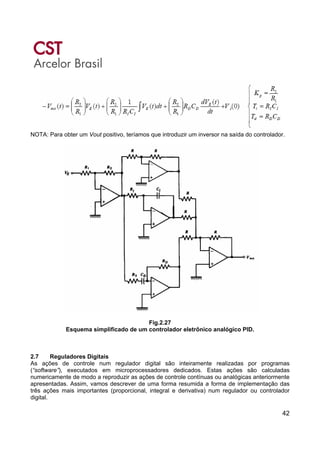 42
NOTA: Para obter um Vout positivo, teríamos que introduzir um inversor na saída do controlador.
Fig.2.27
Esquema simplificado de um controlador eletrônico analógico PID.
2.7 Reguladores Digitais
As ações de controle num regulador digital são inteiramente realizadas por programas
(“software”), executados em microprocessadores dedicados. Estas ações são calculadas
numericamente de modo a reproduzir as ações de controle contínuas ou analógicas anteriormente
apresentadas. Assim, vamos descrever de uma forma resumida a forma de implementação das
três ações mais importantes (proporcional, integral e derivativa) num regulador ou controlador
digital.
 
