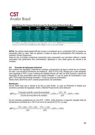 48
NOTA: Os valores desta tabela 2.2 são iniciais e consideram que o controlador PID se baseia na
expressão ideal ou série. Não se aplicam a todos os tipos de controladores PID existentes na
indústria. (Fonte: Expertune).
Hoje em dia, já existem programas comerciais para computador que permitem efetuar o ajuste
automático dos parâmetros dos controladores, aplicáveis a uma vasta gama de marcas e de
modelos.
2.9 Exemplo de Aplicação Industrial
Num sistema de regulação, pretende-se controlar a temperatura da água à saída de um trocador
de calor, com escala do transdutor de medida [0 ; 200] ºC (Fig.2.30). Admita que o valor desejado
para regulação é 70ºC, e que o sistema de medida fornece um valor de 30ºC quando a válvula de
regulação do tipo pneumático está toda aberta (Pressão = 3 psi na saída do controlador) e que
para 110ºC está toda fechada (Pressão = 15 psi na saída do controlador).
Deste modo, determine a B.P. (banda proporcional), do controlador.
Resolução:
Diz-se neste caso que a válvula é do tipo ar para fechar, ou seja vai fechando à medida que
aumenta a pressão de regulação. Assim, a Banda Proporcional, seria dada por:
Se por exemplo quiséssemos ter uma B.P. =100%, então teríamos a seguinte variação total da
temperatura controlada de ± 100 ºC em torno do set-point (70 ºC), ou seja:
 