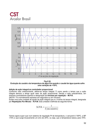 52
Fig.2.32.
Evolução do caudal e da temperatura de água fria quando o caudal de água quente sofre
uma variação de +10ºC.
Adição de ação integral ao controlador proporcional
Conforme visto anteriormente, define-se tempo integral Ti como sendo o tempo que a ação
integral demora a atingir igual valor da ação proporcional. Devido a esta característica, em
diversos controladores aparece a designação de minutos por repetição – M.P.R.
(NOTA: Ti é normalmente expresso em segundos ou em minutos).
Existe uma outra unidade de ajuste da ação integral que é o inverso do tempo integral, designada
por Repetições Por Minuto – R.P.M. Esta unidade é definida da seguinte forma:
Vamos agora supor que num sistema de regulação PI de temperatura, o set-point é 100ºC, a BP
=75% e que surge bruscamente um erro de 25ºC, ou seja, que a temperatura baixou para 75ºC.
 