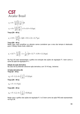 56
Traço [30 – 60 s]
Traço [60 – 80 s]
Neste caso, para simplificar os cálculos vamos considerar que o eixo dos tempos é deslocado
para t =60seg. Deste modo, obtém-se:
Na Fig.2.35 está representado o gráfico de evolução das ações de regulação P, I bem como a
soma da ação de regulação P+ I.
Adição de ação derivativa
No caso de se pretender adicionar ação derivativa, com Td =6 seg., teríamos:
3) Ação derivativa (D)
Traço [0 – 30 s]
Traço [30 – 60 s]
Traço [60 – 80 s]
Neste caso o gráfico das ações de regulação P, I e D bem como da ação PID está representado
na Fig.2.36.
 