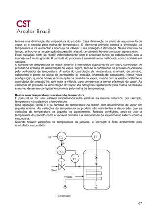67
tem-se uma diminuição da temperatura do produto. Essa diminuição do efeito de aquecimento do
vapor só é sentida pela malha de temperatura. O elemento primário sentirá a diminuição da
temperatura e irá aumentar a abertura da válvula. Essa correção é demorada. Nesse intervalo de
tempo, se houver a recuperação da pressão original, certamente haverá um super aquecimento.
Essa oscilação pode se repetir indefinidamente, com o processo nunca se estabilizando, pois a
sua inércia é muito grande. O controle do processo é sensivelmente melhorado com o controle em
cascata.
O controle de temperatura do reator anterior é melhorado colocando-se um outro controlador de
pressão na entrada da alimentação de vapor. Agora, tem-se o controlador de pressão cascateado
pelo controlador de temperatura. A saída do controlador de temperatura, chamado de primário,
estabelece o ponto de ajuste do controlador de pressão, chamado de secundário. Nessa nova
configuração, quando houver a diminuição da pressão de vapor, mesmo com a vazão constante, o
controlador de pressão irá abrir mais a válvula, para compensar a menor eficiência do vapor. As
variações de pressão da alimentação do vapor são corrigidas rapidamente pela malha de pressão
e em vez de serem corrigidas lentamente pela malha de temperatura.
Reator com temperatura cascateando temperatura
É possível se ter uma variável cascateando outra variável da mesma natureza, por exemplo,
temperatura cascateando a temperatura.
Uma aplicação típica é a do controle de temperatura de reator, com aquecimento de vapor em
jaqueta externa. As variações da temperatura do produto são mais lentas e demoradas que as
variações da temperatura da jaqueta de aquecimento. Nessas condições, pode-se usar a
temperatura do produto como a variável primaria e a temperatura do aquecimento externo como a
secundaria.
Quando houver variações na temperatura da jaqueta, a correção é feita diretamente pelo
controlador secundário.
 