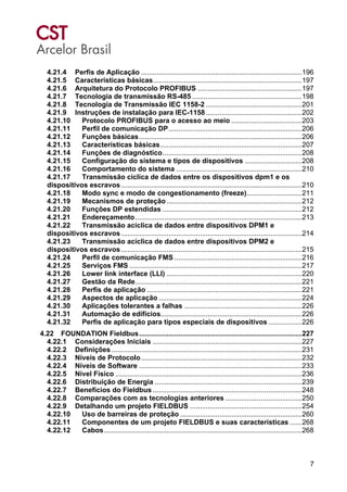 7
4.21.4 Perfis de Aplicação ..................................................................................196
4.21.5 Características básicas............................................................................197
4.21.6 Arquitetura do Protocolo PROFIBUS .....................................................197
4.21.7 Tecnologia de transmissão RS-485 ........................................................198
4.21.8 Tecnologia de Transmissão IEC 1158-2 .................................................201
4.21.9 Instruções de instalação para IEC-1158.................................................202
4.21.10 Protocolo PROFIBUS para o acesso ao meio ....................................203
4.21.11 Perfil de comunicação DP....................................................................206
4.21.12 Funções básicas...................................................................................206
4.21.13 Características básicas........................................................................207
4.21.14 Funções de diagnóstico.......................................................................208
4.21.15 Configuração do sistema e tipos de dispositivos .............................208
4.21.16 Comportamento do sistema ................................................................210
4.21.17 Transmissão cíclica de dados entre os dispositivos dpm1 e os
dispositivos escravos ............................................................................................210
4.21.18 Modo sync e modo de congestionamento (freeze)............................211
4.21.19 Mecanismos de proteção.....................................................................212
4.21.20 Funções DP estendidas .......................................................................212
4.21.21 Endereçamento.....................................................................................213
4.21.22 Transmissão acíclica de dados entre dispositivos DPM1 e
dispositivos escravos ............................................................................................214
4.21.23 Transmissão acíclica de dados entre dispositivos DPM2 e
dispositivos escravos ............................................................................................215
4.21.24 Perfil de comunicação FMS .................................................................216
4.21.25 Serviços FMS ........................................................................................217
4.21.26 Lower link interface (LLI) .....................................................................220
4.21.27 Gestão da Rede.....................................................................................221
4.21.28 Perfis de aplicação ...............................................................................221
4.21.29 Aspectos de aplicação .........................................................................224
4.21.30 Aplicações tolerantes a falhas ............................................................226
4.21.31 Automação de edifícios........................................................................226
4.21.32 Perfis de aplicação para tipos especiais de dispositivos .................226
4.22 FOUNDATION Fieldbus...................................................................................227
4.22.1 Considerações Iniciais ............................................................................227
4.22.2 Definições .................................................................................................231
4.22.3 Níveis de Protocolo..................................................................................232
4.22.4 Níveis de Software ...................................................................................233
4.22.5 Nível Físico ...............................................................................................236
4.22.6 Distribuição de Energia ...........................................................................239
4.22.7 Benefícios do Fieldbus ............................................................................248
4.22.8 Comparações com as tecnologias anteriores .......................................250
4.22.9 Detalhando um projeto FIELDBUS .........................................................254
4.22.10 Uso de barreiras de proteção ..............................................................260
4.22.11 Componentes de um projeto FIELDBUS e suas características ......268
4.22.12 Cabos.....................................................................................................268
 