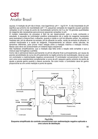 90
aquosa. A medição de pH não é linear, mas logarítmica: pH = - log10 H+. A não linearidade do pH
significa que próximo da neutralidade (pH = 7), pequenas variações do reagente causam grandes
variações no pH e longe do ponto de neutralização (próximo de 0 ou de 14) grandes quantidades
do reagente são necessárias para provocar pequenas variações no pH.
O modelo matemático do processo é fácil de ser desenvolvido, pois é muito conhecido e
estudado. A equação do controlador preditivo antecipatório dá a vazão do reagente necessária
para neutralizar a mistura final, o efluente, quando a vazão e o pH do efluente variam. As variáveis
medidas são: pH do efluente na entrada, pH do efluente na saída, vazão da entrada do efluente. A
variável manipulada é a vazão do reagente. Freqüentemente se utilizam várias válvulas, de
tamanhos diferentes, para prover maior relação entre a medição máxima e medição mínima.
Nesse caso deve ser acrescentado um sistema lógico seqüencial.
São hipóteses simplificadoras: que a medição seja feita onde a reação está completa e que a
mistura seja homogênea e perfeita.
Como não é admissível desvio permanente no pH do efluente final e principalmente, por causa da
grande sensibilidade da curva de pH justamente na região próxima da neutralização, deve-se usar
um controlador a realimentação negativa convencional. O controlador convencional é não linear,
com uma curva característica complementar a curva de pH: pequeno ganho próximo do ponto de
ajuste e grande ganho quando o desvio aumenta. De outro modo: o controlador deve ter ganho
proporcional ao erro entre medição e ponto de ajuste.
Fig.2.63a.
Esquema simplificado do controle convencional com realimentação negativa aplicada a
uma coluna de destilação
 