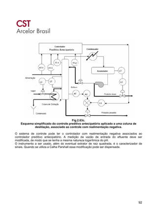 92
Fig.2.63c.
Esquema simplificado do controle preditivo antecipatório aplicado a uma coluna de
destilação, associado ao controle com realimentação negativa.
O sistema de controle pode ter o controlador com realimentação negativa associados ao
controlador preditivo antecipatório. A medição da vazão de entrada do efluente deve ser
modificada, de modo que se tenha a mesma natureza logarítmica do pH.
O instrumento a ser usado, além do eventual extrator de raiz quadrada, é o caracterizador de
sinais. Quando se utiliza a Calha Parshall essa modificação pode ser dispensada.
 