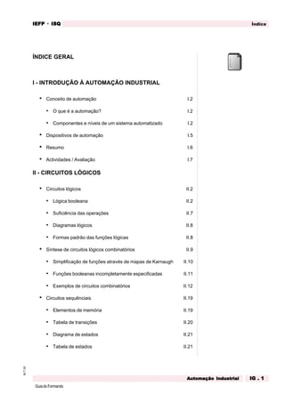 GuiadoFormando
M.T.02 ÍndiceIEFPIEFPIEFPIEFPIEFP · ISQISQISQISQISQ
AAAAAutomação Industrialutomação Industrialutomação Industrialutomação Industrialutomação Industrial IG . 1IG . 1IG . 1IG . 1IG . 1
ÍNDICE GERAL
I - INTRODUÇÃO À AUTOMAÇÃO INDUSTRIAL
• Conceito de automação I.2
• O que é a automação? I.2
• Componentes e níveis de um sistema automatizado I.2
• Dispositivos de automação I.5
• Resumo I.6
• Actividades / Avaliação I.7
II - CIRCUITOS LÓGICOS
• Circuitos lógicos II.2
• Lógica booleana II.2
• Suficiência das operações II.7
• Diagramas lógicos II.8
• Formas padrão das funções lógicas II.8
• Síntese de circuitos lógicos combinatórios II.9
• Simplificação de funções através de mapas de Karnaugh II.10
• Funções booleanas incompletamente especificadas II.11
• Exemplos de circuitos combinatórios II.12
• Circuitos sequênciais II.19
• Elementos de memória II.19
• Tabela de transições II.20
• Diagrama de estados II.21
• Tabela de estados II.21
 