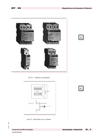 GuiadoFormando
Ut.03M.T.02
Componente Científico-Tecnológica
Dispositivos de Comando e PotênciaIEFPIEFPIEFPIEFPIEFP · ISQISQISQISQISQ
Automação IndustrialAutomação IndustrialAutomação IndustrialAutomação IndustrialAutomação Industrial III . 3III . 3III . 3III . 3III . 3
Fig. III.1 – Exemplo de contactores
Fig III.2 – Vista interior de um contactor
 