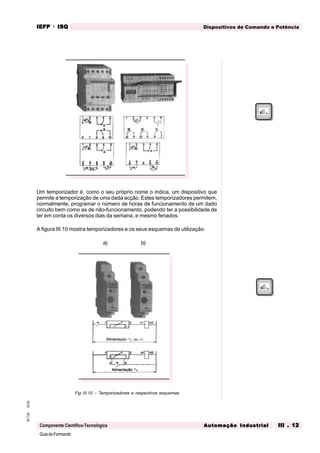 GuiadoFormando
Ut.03M.T.02
Componente Científico-Tecnológica
Dispositivos de Comando e PotênciaIEFPIEFPIEFPIEFPIEFP · ISQISQISQISQISQ
Automação IndustrialAutomação IndustrialAutomação IndustrialAutomação IndustrialAutomação Industrial III . 12III . 12III . 12III . 12III . 12
Um temporizador é, como o seu próprio nome o indica, um dispositivo que
permite a temporização de uma dada acção. Estes temporizadores permitem,
normalmente, programar o número de horas de funcionamento de um dado
circuito bem como as de não-funcionamento, podendo ter a possibilidade de
ter em conta os diversos dias da semana, e mesmo feriados.
A figura III.10 mostra temporizadores e os seus esquemas de utilização.
a) b)
Fig III.10 – Temporizadores e respectivos esquemas
 