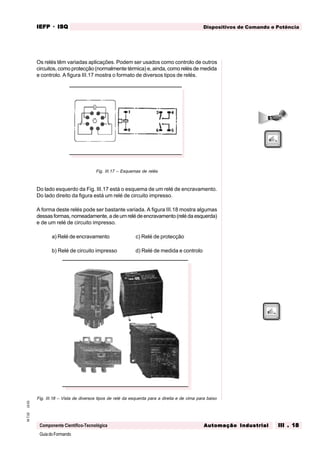 GuiadoFormando
Ut.03M.T.02
Componente Científico-Tecnológica
Dispositivos de Comando e PotênciaIEFPIEFPIEFPIEFPIEFP · ISQISQISQISQISQ
Automação IndustrialAutomação IndustrialAutomação IndustrialAutomação IndustrialAutomação Industrial III . 18III . 18III . 18III . 18III . 18
Os relés têm variadas aplicações. Podem ser usados como controlo de outros
circuitos, como protecção (normalmente térmica) e, ainda, como relés de medida
e controlo. A figura III.17 mostra o formato de diversos tipos de relés.
Fig. III.17 – Esquemas de relés
Do lado esquerdo da Fig. III.17 está o esquema de um relé de encravamento.
Do lado direito da figura está um relé de circuito impresso.
A forma deste relés pode ser bastante variada. A figura III.18 mostra algumas
dessasformas,nomeadamente,adeumrelédeencravamento(relédaesquerda)
e de um relé de circuito impresso.
a) Relé de encravamento c) Relé de protecção
b) Relé de circuito impresso d) Relé de medida e controlo
Fig. III.18 – Vista de diversos tipos de relé da esquerda para a direita e de cima para baixo
 