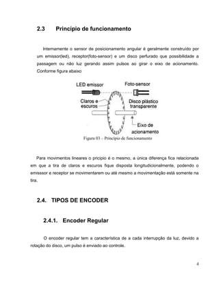 2.3

Princípio de funcionamento

Internamente o sensor de posicionamento angular é geralmente construído por
um emissor(led), receptor(foto-sensor) e um disco perfurado que possibilidade a
passagem ou não luz gerando assim pulsos ao girar o eixo de acionamento.
Conforme figura abaixo

Figura 03 – Princípio de funcionamento

Para movimentos lineares o pricipio é o mesmo, a única diferença fica relacionada
em que a tira de claros e escuros fique disposta longitudicionalmente, podendo o
emisssor e receptor se movimentarem ou até mesmo a movimentação está somente na
tira.

2.4. TIPOS DE ENCODER

2.4.1. Encoder Regular
O encoder regular tem a característica de a cada interrupção da luz, devido a
rotação do disco, um pulso é enviado ao controle.

4

 
