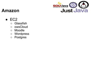 Amazon
● EC2
○ Glassfish
○ owsCloud
○ Moodle
○ Wordpress
○ Postgres
 