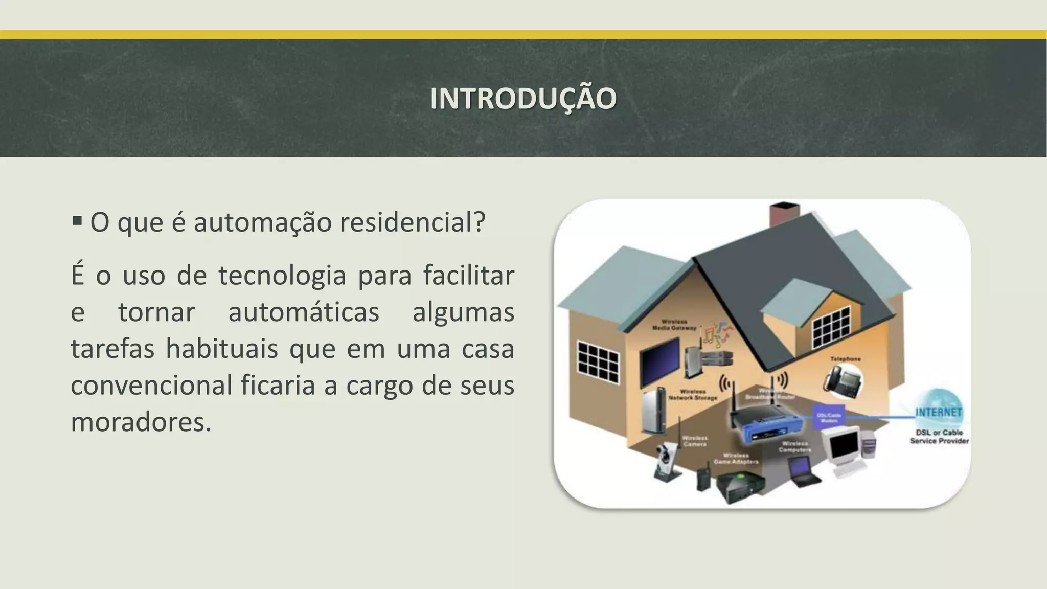 INTRODUÇÃO  O que é automação residencial? É o uso de tecnologia para facilitar e tornar automáticas algumas tarefas habituais que em uma casa convencional ficaria a cargo de seus moradores. 