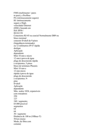 FMS (multimaster / pares
to peer), e Profibus
PA (intrinsecamente seguro)
H1 intrinsecamente
seguro e High-
velocidade Ethernet
(HSE); baseado em
ISA SP50 /
IEC61158
Conectores RJ-45 ou coaxial Normalmente DB9 ou
bloco terminal
conector D-shell de 9 pinos
(Impedância terminado)
ou 12 milímetros IP 67 rápida
desligar
Aplicação
dependente
Mini 18 mm e micro
12 mm à prova de água
plugs de desconexão rápida
e recipientes; 5 pinos
bloco de terminais Phoenix
Mini 18 mm e
12 mm micro
rápida à prova de água
plugs de desconexão
e recipientes; 9-
pino
D-shell
Aplicação
dependente
Máx. nodos 1024, expansíveis
com roteadores
250
127
240 / segmento;
65.000 possível
segmentos
64
64
30 / segmento
Distância de 100 m (10Base-T)
50 km (mono
Modo, de fibra com
comuta)
 