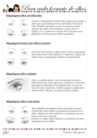 Maquiagem olhos envelhecidos
Maquiagem branco dos olhos à mostra
Maquiagem olhos saltados
Maquiagem olhos com bolsas
Cristielen Pianegonda20
Para cada formato de olhos
 