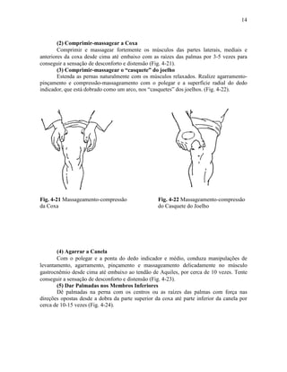 14



        (2) Comprimir-massagear a Coxa
        Comprimir e massagear fortemente os músculos das partes laterais, mediais e
anteriores da coxa desde cima até embaixo com as raízes das palmas por 3-5 vezes para
conseguir a sensação de desconforto e distensão (Fig. 4-21).
        (3) Comprimir-massagear o “casquete” do joelho
        Estenda as pernas naturalmente com os músculos relaxados. Realize agarramento-
pinçamento e compressão-massageamento com o polegar e a superfície radial do dedo
indicador, que está dobrado como um arco, nos “casquetes” dos joelhos. (Fig. 4-22).




Fig. 4-21 Massageamento-compressão                Fig. 4-22 Massageamento-compressão
da Coxa                                           do Casquete do Joelho




       (4) Agarrar a Canela
       Com o polegar e a ponta do dedo indicador e médio, conduza manipulações de
levantamento, agarramento, pinçamento e massageamento delicadamente no músculo
gastrocnêmio desde cima até embaixo ao tendão de Aquiles, por cerca de 10 vezes. Tente
conseguir a sensação de desconforto e distensão (Fig. 4-23).
       (5) Dar Palmadas nos Membros Inferiores
       Dê palmadas na perna com os centros ou as raízes das palmas com força nas
direções opostas desde a dobra da parte superior da coxa até parte inferior da canela por
cerca de 10-15 vezes (Fig. 4-24).
 