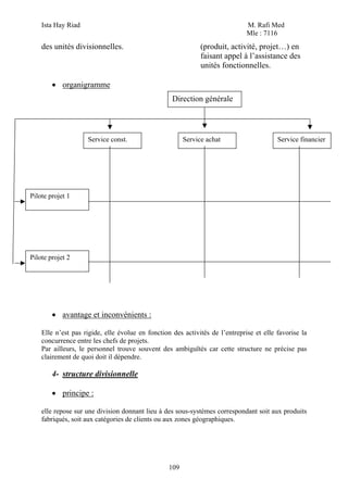 Ista Hay Riad M. Rafi Med
Mle : 7116
109
des unités divisionnelles. (produit, activité, projet…) en
faisant appel à l’assistance des
unités fonctionnelles.
• organigramme
• avantage et inconvénients :
Elle n’est pas rigide, elle évolue en fonction des activités de l’entreprise et elle favorise la
concurrence entre les chefs de projets.
Par ailleurs, le personnel trouve souvent des ambiguïtés car cette structure ne précise pas
clairement de quoi doit il dépendre.
4- structure divisionnelle
• principe :
elle repose sur une division donnant lieu à des sous-systèmes correspondant soit aux produits
fabriqués, soit aux catégories de clients ou aux zones géographiques.
Direction générale
Service const.
Pilote projet 2
Service achat Service financier
Pilote projet 1
 