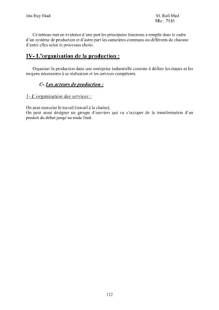 Ista Hay Riad M. Rafi Med
Mle : 7116
122
Ce tableau met en évidence d’une part les principales fonctions à remplir dans le cadre
d’un système de production et d’autre part les caractères communs ou différents de chacune
d’entre elles selon le processus choisi.
IV- L’organisation de la production :
Organiser la production dans une entreprise industrielle consiste à définir les étapes et les
moyens nécessaires à sa réalisation et les services compétents.
C- Les acteurs de production :
1- L’organisation des services :
On peut morceler le travail (travail à la chaîne).
On peut aussi désigner un groupe d’ouvriers qui va s’occuper de la transformation d’un
produit du début jusqu’au stade final.
 