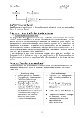 Ista Hay Riad M. Rafi Med
Mle : 7116
128
Satisfaction Non-satisfaction
1. l’expression du besoin
La définition et la description du ou des produits aptes à satisfaire le besoin sont les premières
étapes du processus d’achat.
2. la recherche et la sélection des fournisseurs
b. la recherche des fournisseurs
Les responsables de l’approvisionnement ont à rechercher continuellement de nouvelles
sources d’approvisionnement qu’ils incluent dans un répertoire de fournisseurs tenu à jour. Ils
peuvent recourir à plusieurs moyens pour rechercher des fournisseurs, parmi lesquels : les
pages jaunes des l’annuaire téléphonique, les divers salons organisés par les fournisseurs, les
représentants de commerce, les dépliants et catalogues publiés par les fournisseurs. Les
responsables évaluent ensuite les fournisseurs potentiels afin de juger de leur fiabilité et de la
qualité de leurs services. Pour une commande spécifique, on choisit un fournisseur inscrit au
répertoire. Soit directement, soit par appel d’offres.
A des conditions en tous points semblables, plusieurs choix sont alors possibles : un
fournisseur local ou éloigné, un petit ou un grand fournisseur. Un fournisseur-client, un
distributeur ou un fabricant (on parle alors d’achat indirect ou direct), un fournisseur récent ou
ancien.
3- un seul fournisseur ou plusieurs ?
Une entreprise pour une même catégorie de produits peut s’approvisionner auprès d’un seul
fournisseur ou au contraire choisir de répartir ses achats auprès de plusieurs fournisseurs
concurrents.
Fournisseur unique Plusieurs fournisseurs
Meilleures conditions financières.
Compression des frais de transport.
Facilité de relations (bonne
connaissance réciproque).
Délais plus faciles à surveiller.
Seule solution, lorsque le
fournisseur d’un brevet ou d’une
concession exclusive est le seul à
présenter un niveau de qualité ou de
s/ces satisfaisant ou lorsque la
fabrication du bien considéré
demande la mise au point
d’équipements spécifiques.
Concurrence entre les fournisseurs
sur les prix, délais, conditions et
qualité.
Sécurité des approvisionnements
(« on ne met pas ses œufs dans le
même panier »).
Eviter d’être à la merci d’un seul frs.
Compensation du retard d’un frs par
une commande à un autre.
Possibilité de diversification
géographique des
approvisionnements.
Evaluation des
performances
 