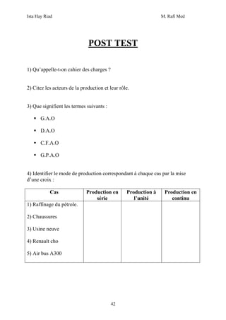 Ista Hay Riad M. Rafi Med
42
POST TEST
1) Qu’appelle-t-on cahier des charges ?
2) Citez les acteurs de la production et leur rôle.
3) Que signifient les termes suivants :
G.A.O
D.A.O
C.F.A.O
G.P.A.O
4) Identifier le mode de production correspondant à chaque cas par la mise
d’une croix :
Cas Production en
série
Production à
l’unité
Production en
continu
1) Raffinage du pétrole.
2) Chaussures
3) Usine neuve
4) Renault cho
5) Air bus A300
 