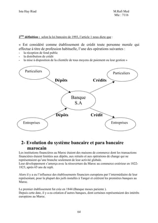 Ista Hay Riad M.Rafi Med
Mle : 7116
64
2ème
définition : selon la loi bancaire de 1993, l’article 1 nous dicte que :
« Est considéré comme établissement de crédit toute personne morale qui
effectue à titre de profession habituelle, l’une des opérations suivantes :
- la réception de fond public
- la distribution de crédit
- la mise à disposition de la clientèle de tous moyens de paiement ou leur gestion »
Dépôts Crédits
Dépôts Crédit
2- Evolution du système bancaire et para bancaire
marocain
Les institutions financières au Maroc étaient des maisons de commerce dont les transactions
financières étaient limitées aux dépôts, aux retraits et aux opérations de change qui ne
représentaient qu’une branche seulement de leur activité globale.
Leur développement s’amorça avec la réouverture du Maroc au commerce extérieur en 1822-
1823, après 65 ans de repli.
Alors il y a eu l’influence des établissements financiers européens par l’intermédiaire de leur
représentant, pour la plupart des juifs installés à Tanger et créèrent les premières banques au
Maroc.
Le premier établissement fut crée en 1844 (Banque moses pariente ).
Depuis cette date, il y a eu création d’autres banques, dont certaines représentaient des intérêts
européens au Maroc.
Banque
S.A
Particuliers
Particuliers
EntreprisesEntreprises
 