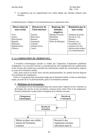 Ista Hay Riad M. Rafi Med
Mle : 7116
86
La régulation, par un comportement non verbal adapté, des attitudes néfastes ainsi
révélées.
La démarche pour s’adapter à son interlocuteur peut se représenter ainsi :
Observation du
non-verbal
Voix,
Gestes,
Mouvements,
Regards,
Mimiques,
Déplacements,
Silences.
Découverte de
l’état intérieur
Tension,
Motivation,
Humeur,
Autonomie,
Contrôle,
Attitude envers
l’autre…
Repérage des
attitudes
négatives
Manque d’écoute,
Désintérêt,
Fermeture,
Refus de dialoguer.
Régulation par le
non-verbal
Adoption de gestes,
Ton de la voix,
Distance,
Postures, etc…
Favorables à la
création d’un état
intérieur plus propice
à la communication.
C- LA FORMATION DU PERSONNEL :
L’évolution technologique actuelle se traduit par l’apparition d’importants problèmes
d’adaptation. Les nouveaux besoins se caractérisent par une multiplication des qualifications
et des niveaux alors même que se produit une obsolescence rapide des connaissances acquises
au cours de la formation initiale.
Ainsi, pour exercer au mieux leurs activités professionnelles, les salariés doivent disposer
d’un minimum de compétences.
Celles-ci s’acquièrent dans un premier temps par la formation initiale, et dans un deuxièmes
temps, au cours de la vie professionnelle, grâce à la formation continue.
1- Définition de la formation :
La formation est un investissement dans des actions dont l’objectif est de s’instruire ou
développer des savoirs ou des travailleurs, mesures prises entre l’Etat et les employeurs.
On peut schématiser sa place dans l’entreprise de la manière suivante :
Changement
technologique
Marche de
L’entreprise
Besoins de
formation
Mettre en place une cellule
interne de Formation
continue
Recourir à des
organismes externes
spécialisés dans la
 