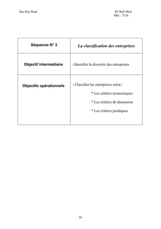Ista Hay Riad M. Rafi Med
Mle : 7116
95
Séquence N° 3 La classification des entreprises
Objectif intermédiaire - Identifier la diversité des entreprises
Objectifs opérationnels - Classifier les entreprises selon :
* Les critères économiques
* Les critères de dimension
* Les critères juridiques
 