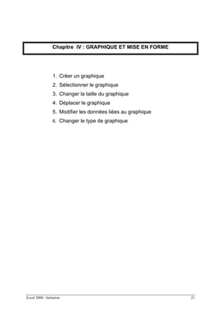 Excel 2000 : Initiation 21
Chapitre IV : GRAPHIQUE ET MISE EN FORME
1. Créer un graphique
2. Sélectionner le graphique
3. Changer la taille du graphique
4. Déplacer le graphique
5. Modifier les données liées au graphique
6. Changer le type de graphique
 