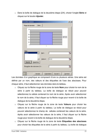 Excel 2000 : Initiation 23
o Dans la boîte de dialogue de la deuxième étape (2/4), choisir l’onglet Série et
cliquez sur le bouton Ajouter.
Les données d’un graphique se composent d’une ou plusieurs séries. Une série est
définie par un nom, des valeurs et des étiquettes de l’axe des abscisses. Pour
chaque série, il faut sélectionner ses données dans le tableau.
o Cliquez sur la flèche rouge de la zone de texte Nom pour choisir le nom de la
série à partir du tableau. La boîte de dialogue se réduit pour pouvoir
sélectionnez la cellule contenant le nom de la série. Après avoir sélectionner
le nom de la série, il faut cliquer sur la flèche rouge pour revenir à la boîte de
dialogue de la deuxième étape.
o Cliquez sur la flèche rouge de la zone de texte Valeurs pour choisir les
valeurs de la série à partir du tableau. La boîte de dialogue se réduit pour
pouvoir sélectionnez le champ de cellules contenant les valeurs de la série.
Après avoir sélectionner les valeurs de la série, il faut cliquer sur la flèche
rouge pour revenir à la boîte de dialogue de la deuxième étape.
o Cliquez sur la flèche rouge de la zone de texte Etiquettes des abscisses
pour choisir les étiquettes de la série à partir du tableau. La boîte de dialogue
 