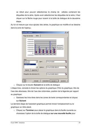 Excel 2000 : Initiation 24
se réduit pour pouvoir sélectionnez le champ de cellules contenant les
étiquettes de la série. Après avoir sélectionner les étiquettes de la série, il faut
cliquer sur la flèche rouge pour revenir à la boîte de dialogue de la deuxième
étape.
Au fur et mesure que vous ajoutez des séries, le graphique se modifie et se dessine
dans la zone de l’aperçu.
o Cliquez sur le bouton Suivant de la boîte de dialogue
L’étape trois, consiste à choisir les options du graphique (Titre du graphique, titre de
l’axe des abscisses, titre de l’axe des ordonnées, position de la légende par rapport
au graphique.
o Saisissez les trois titres dans les zones de texte correspondantes et cliquez
sur Suivant
La dernière étape de l’assistant graphique permet choisir l’emplacement ou le
graphique va t être placé.
o Cliquez sur Terminer pour placer le graphique dans la feuille courante ou
choisissez l’option de la boîte de dialogue sur une nouvelle feuille pour
 