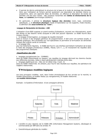 Module N° 5 Manipulation de base de donnée Filière : TSSSRI
Page 12/91
• Il permet de décrire précisément la structure de la base et le mode de stockage des données.
Alors que l'utilisation de fichiers permet seulement une description de données interne au
programme, dans une approche Base de Données, on effectue la description de toutes les
données une fois pour toutes : elle constitue l'ensemble des tables et dictionnaires de la
base, son schéma (terminologie CODASYL).
• En particulier, il précise la structure logique des données (nom, type, contraintes
spécifiques...), la structure physique (mode d'implantation sur les supports, mode d'accès),
la définition des sous-schémas ou "vues".
Langage de Manipulation de Données : LMD
L'utilisation d'une BDD suppose un grand nombre d'utilisateurs, souvent non informaticiens, ayant
des tâches et des besoins variés auxquels le LMD doit pouvoir répondre. Le SGBD fournit deux
niveaux d’accès :
• le langage d'interrogation, ou langage de requête interactif
évite le recours à des langages généraux de programmation. Il doit avoir une syntaxe souple, si
possible graphique, être accessible aux non-spécialistes et permettre la formulation de demandes
utilisant des critères variés et combinés.
• le langage hôte
pour les traitements réguliers, le SGBD doit fournir une interface permettant l'utilisation de la base
à l'aide des langages procéduraux (COBOL, Pascal, C/C++….), en incorporant les requêtes dans
des programmes classiques.
Classification des LMD
• langages navigationnels (ex : SYMBAD)
dans les SGBD hiérarchiques ou réseaux. Les requêtes du langage décrivent les chemins d'accès
aux différentes données, celles-ci étant généralement chaînées entre elles.
• langages algébriques (ex : SQL voir en détail chap. 4 part. 3)
Dans les SGBD relationnels. Ils utilisent, pour fournir des résultats aux requêtes, les opérateurs de
l'algèbre relationnelle.
V Principaux modèles logiques
Les trois principaux modèles sont, dans l'ordre chronologique de leur arrivée sur le marché, le
modèle hiérarchique, le modèle réseau (ou navigationnel), le modèle relationnel.
Le modèle hiérarchique
Exemple : le Système d’information d'une compagnie aérienne
Société
Salariés Vols Matériel
Pilotes Hôtesses Entretien Administratif
• L'ancêtre le plus répandu est le SGBD IMS (Information Management System), développé et
commercialisé par IBM dans les années 70
• Caractéristiques générales du modèle :
 
