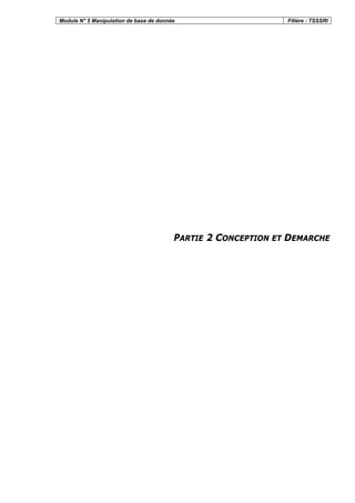 Module N° 5 Manipulation de base de donnée Filière : TSSSRI
PARTIE 2 CONCEPTION ET DEMARCHE
 