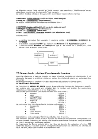 La dépendance entre "code matériel" et "libellé marque" n'est pas directe, "libellé marque" est en
dépendance fonctionnelle directe avec le "code marque".
La relation doit être éclatée en deux, pour être exprimée en troisième forme normale :
R-MATERIEL (code matériel, libellé matériel, code marque)
R-MARQUE (code marque, libellé marque)
Le schéma conceptuel final de la base de données est donc :
R-MATERIEL (code matériel, libellé matériel, code marque)
R-MARQUE (code marque, libellé marque)
R-TYPETEST (code type, libellé test)
R-TEST (code matériel, code type, date du test, résultat du test)
Commentaires:
• Le schéma conceptuel fait apparaître 3 relations entités : R-MATERIEL, R-MARQUE, R-
TYPETEST
• et la relation association R-TEST qui réalise le lien Matériel <--> Type test de type N:M
• Le lien fonctionnel Matériel <--> Marque de type N:1 est réalisé par la présence du "code
marque" dans la relation R-MATERIEL.
II Démarche de création d’une base de données
Avant la création de la base de données un travail d’analyse préalable est indispensable. Il est
nécessaire d’analyser le problème à traiter en partant des résultats à obtenir (en sortie) avec leur
fréquence.
Etudions par exemple la création d’une base de données de gestion d’un Centre sportif.
LE PROBLEME A RESOUDRE
Le Centre sportif NATURE ET SANTE permet à ses adhérents d'utiliser des équipements sportifs,
sur certains sites moyennant une cotisation dont le montant est fonction des équipements
nécessités par l'activité choisie et le lieu de pratique.
Les activités possibles et les cotisations annuelles sont les suivants :
• BALNEO 2 035,00 F
• GOLF 4 200,00 F
• GYMNASTIQUE 1 815,00 F
• MUSCULATION 2 420,00 F
• SQUASH 1 320,00 F
• TENNIS 3 500,00 F
Le montant du droit d’entrée par lieu de pratique est le suivant :
• Decazeville 150,00 F
• Millau 190,00 F
• Rodez 300,00 F
• Saint Affrique 90,00 F
• Villefranche 160,00 F
Les cotisations sont payées pour l'année au début du mois de janvier.
Les adhérents peuvent choisir plusieurs activités et utiliser les équipements correspondant aux
activités choisies, quand bon leur semble, aux heures d'ouverture de chaque lieu. Chaque adhérent
ne s’inscrit que dans un seul lieu de pratique.
Le responsable du Centre souhaite gérer sur Base de données les cotisations d'environ 500
adhérents. De plus, il voudrait gérer les renseignements concernant les adhérents, les activités, les
lieux, les tarifs, et pouvoir éditer les états correspondants.
TYPE TEST
MATERIEL MARQUE
1N
11
TEST
N N
 