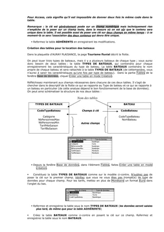 Pour Access, cela signifie qu’il est impossible de donner deux fois le même code dans la
table.
Remarque : la clé est généralement posée sur un champ numérique mais techniquement rien
n'empêche de la poser sur un champ texte, dans la mesure où on est sûr que le contenu sera
unique dans la table. Il est possible aussi de poser une clé sur deux champs en même temps : à ce
moment-là ce sera l’association des deux contenus qui devra être unique.
Refermez la table ADHÉRENTS en enregistrant les modifications.
Création des tables pour la location des bateaux
Dans la plaquette d’AURAY PLAISANCE, la page Tourisme fluvial décrit la flotte.
On peut louer trois types de bateaux, mais il y a plusieurs bateaux de chaque type ; vous aurez
donc besoin de deux tables : la table TYPES DE BATEAUX, qui contiendra pour chaque
enregistrement les caractéristiques du type de bateau. La table BATEAUX contiendra le nom
propre de chaque bateau et sera rattachée à la table TYPES DE BATEAUX (de cettemanière, vous
n’aurez à saisir les caractéristiques qu’une fois par type de bateau). Dans la partie Tables de la
fenêtre Base de données, cliquer Créer une table en mode Création.
Réfléchissez maintenant aux champs nécessaires dans chacune de ces deux tables. Il s’agit de
chercher dans le descriptif de la flotte ce qui se rapporte au Type de bateau et ce qui se rapporte à
un bateau en particulier (de cette analyse dépend le bon fonctionnement de la base de données).
On peut ainsi schématiser la structure de nos deux tables :
TYPES DE BATEAUX BATEAU
CodeTypeBateau
Catégorie
NbPersonnesMax
NbPersonnesMin
TarifHteSaison
TarifBsSaison
Champs à clé
Autres champs
CodeBateau
CodeTypeBateau
NomBateau
Depuis la fenêtre Base de données, dans l’élément Tables, faites Créer une table en mode
création.
Constituez la table TYPES DE BATEAUX comme sur le modèle ci-contre. N’oubliez pas de
poser la clé sur le premier champ. Vérifiez que vous ne vous êtes pas trompé(e) de type de
données pour chaque champ. Pour les tarifs, mettez en plus de Monétaire un format Euro dans
l'onglet du bas.
Refermez et enregistrez la table sous le nom TYPES DE BATEAUX (les données seront saisies
plus tard, de même que pour la table ADHÉRENTS)
Créez la table BATEAUX comme ci-contre en posant la clé sur ce champ. Refermez et
enregistrez la table sous le nom BATEAUX.
Nom des tables
 