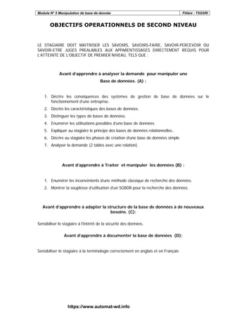 Module N° 5 Manipulation de base de donnée Filière : TSSSRI
OBJECTIFS OPERATIONNELS DE SECOND NIVEAU
LE STAGIAIRE DOIT MAITRISER LES SAVOIRS, SAVOIRS-FAIRE, SAVOIR-PERCEVOIR OU
SAVOIR-ETRE JUGES PREALABLES AUX APPARENTISSAGES DIRECTEMENT REQUIS POUR
L’ATTEINTE DE L’OBJECTIF DE PREMIER NIVEAU, TELS QUE :
Avant d’apprendre à analyser la demande pour manipuler une
Base de données. (A) :
1. Décrire les conséquences des systèmes de gestion de base de données sur le
fonctionnement d’une entreprise.
2. Décrire les caractéristiques des bases de données.
3. Distinguer les types de bases de données.
4. Enumérer les utilisations possibles d’une base de données.
5. Expliquer au stagiaire le principe des bases de données relationnelles..
6. Décrire au stagiaire les phases de création d’une base de données simple
7. Analyser la demande (2 tables avec une relation).
Avant d’apprendre à Traiter et manipuler les données (B) :
1. Enumérer les inconvénients d’une méthode classique de recherche des données.
2. Montrer la souplesse d’utilisation d’un SGBDR pour la recherche des données.
Avant d’apprendre à adapter la structure de la base de données à de nouveaux
besoins. (C):
Sensibiliser le stagiaire à l'intérêt de la sécurité des données.
Avant d’apprendre à documenter la base de données (D):
Sensibiliser le stagiaire à la terminologie correctement en anglais et en Français
https://www.automat-wd.info
 