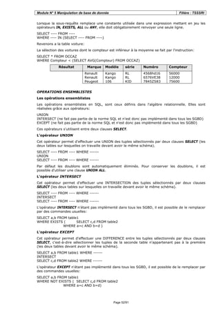 Module N° 5 Manipulation de base de donnée Filière : TSSSRI
Page 52/91
Lorsque la sous-requête remplace une constante utilisée dans une expression mettant en jeu les
opérateurs IN, EXISTS, ALL ou ANY, elle doit obligatoirement renvoyer une seule ligne.
SELECT ---- FROM ----
WHERE ---- IN (SELECT ---- FROM ----)
Revenons a la table voiture:
La sélection des voitures dont le compteur est inférieur à la moyenne se fait par l'instruction:
SELECT * FROM OCCAZ
WHERE Compteur < (SELECT AVG(Compteur) FROM OCCAZ)
Résultat Marque Modèle série Numéro Compteur
Renault
Renault
Peugeot
Kango
Kango
106
RL
RL
KID
4568hd16
6576VE38
7845ZS83
56000
12000
75600
OPERATIONS ENSEMBLISTES
Les opérations ensemblistes
Les opérations ensemblistes en SQL, sont ceux définis dans l'algèbre relationnelle. Elles sont
réalisées grâce aux opérateurs:
UNION
INTERSECT (ne fait pas partie de la norme SQL et n'est donc pas implémenté dans tous les SGBD)
EXCEPT (ne fait pas partie de la norme SQL et n'est donc pas implémenté dans tous les SGBD)
Ces opérateurs s'utilisent entre deux clauses SELECT.
L'opérateur UNION
Cet opérateur permet d'effectuer une UNION des tuples sélectionnés par deux clauses SELECT (les
deux tables sur lesquelles on travaille devant avoir le même schéma).
SELECT ---- FROM ---- WHERE ------
UNION
SELECT ---- FROM ---- WHERE ------
Par défaut les doublons sont automatiquement éliminés. Pour conserver les doublons, il est
possible d'utiliser une clause UNION ALL.
L'opérateur INTERSECT
Cet opérateur permet d'effectuer une INTERSECTION des tuples sélectionnés par deux clauses
SELECT (les deux tables sur lesquelles on travaille devant avoir le même schéma).
SELECT ---- FROM ---- WHERE ------
INTERSECT
SELECT ---- FROM ---- WHERE ------
L'opérateur INTERSECT n'étant pas implémenté dans tous les SGBD, il est possible de le remplacer
par des commandes usuelles:
SELECT a,b FROM table1
WHERE EXISTS ( SELECT c,d FROM table2
WHERE a=c AND b=d )
L'opérateur EXCEPT
Cet opérateur permet d'effectuer une DIFFERENCE entre les tuples sélectionnés par deux clauses
SELECT, c'est-à-dire sélectionner les tuples de la seconde table n'appartenant pas à la première
(les deux tables devant avoir le même schéma).
SELECT a,b FROM table1 WHERE ------
INTERSECT
SELECT c,d FROM table2 WHERE ------
L'opérateur EXCEPT n'étant pas implémenté dans tous les SGBD, il est possible de le remplacer par
des commandes usuelles:
SELECT a,b FROM table1
WHERE NOT EXISTS ( SELECT c,d FROM table2
WHERE a=c AND b=d)
 
